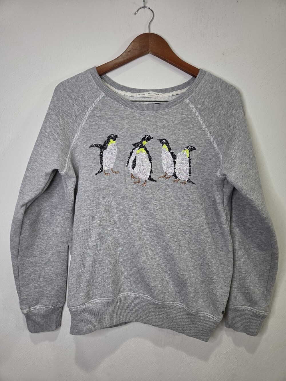 American Eagle Heather Gray Crew Neck Sequin Penguin Sweatshirt Size Large